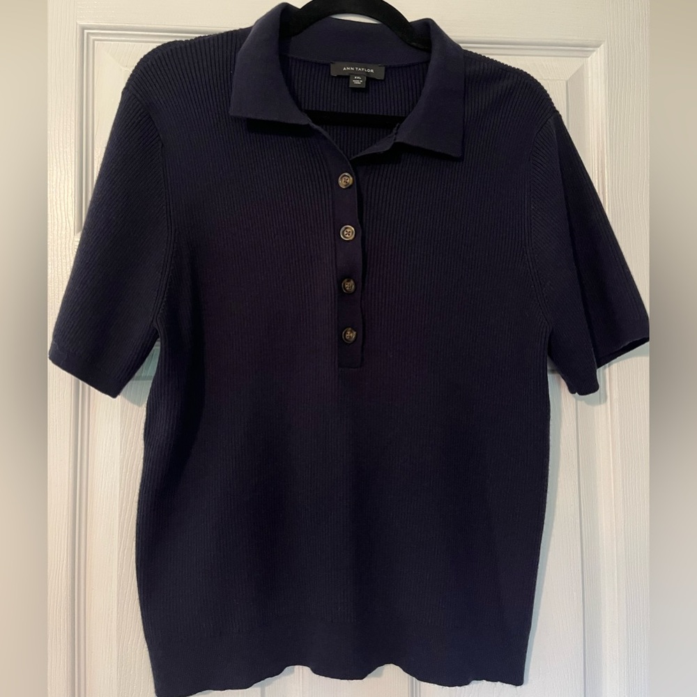 Ann Taylor Navy Blue Ribbed Polo Shirt